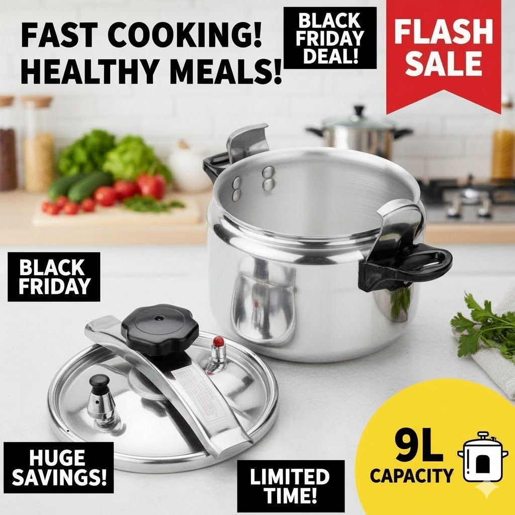 9 LITERS Pressure Cooker Sufuria Cookware Stainless Steel Pressure Cooker Sufuria 9L  - Explosion-Proof & Non-Explosive - Heavy Duty, Fast Cooking for Large Families & Catering