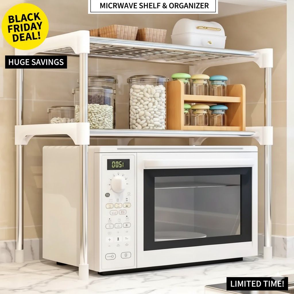 Microwave Rack Stand 2 Layer Microwave Stand Rack Kitchen Countertop Organiser with Storage Shelf Space-Saving, Rust-Proof Metal for Over Fridge or Cabinet Use