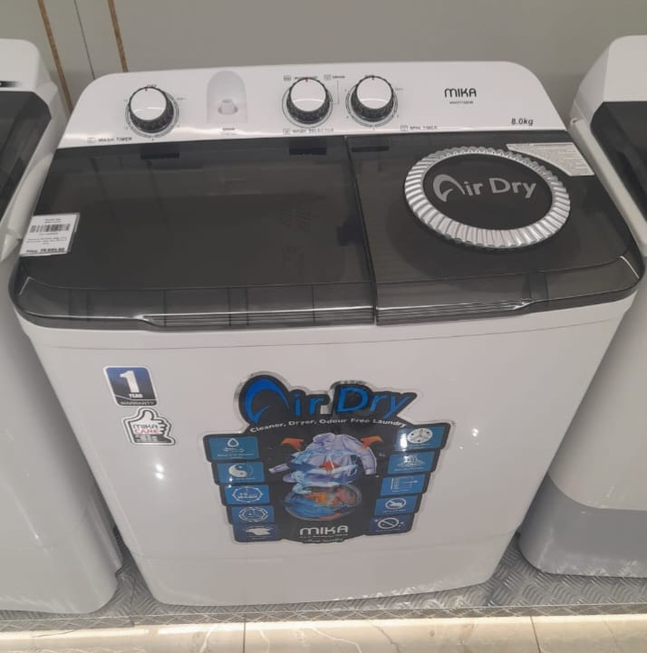 Mika 8kgs Twin Tub Washing Machine 1yr Warranty Air Dry for cleaner, dryer and odor free laundry Water Inlet Selection Switch