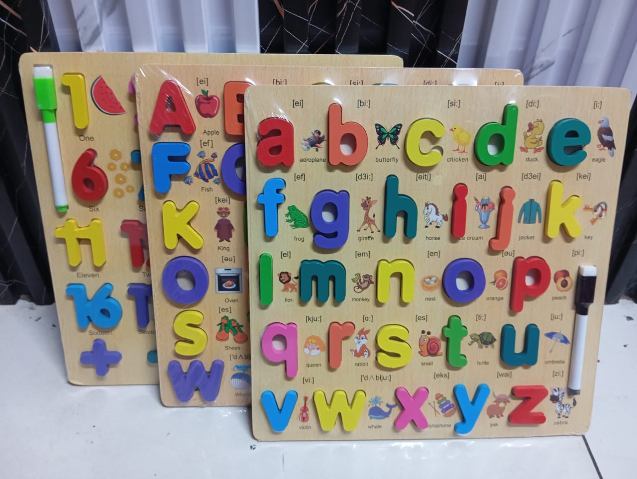 PUZZLE BOARD. Kids wooden Puzzle Board- Numbers, Small letters and Upper case letters, can train toddlers hand-eye cordination. Great early developmental toy for toddlers baby to learn.