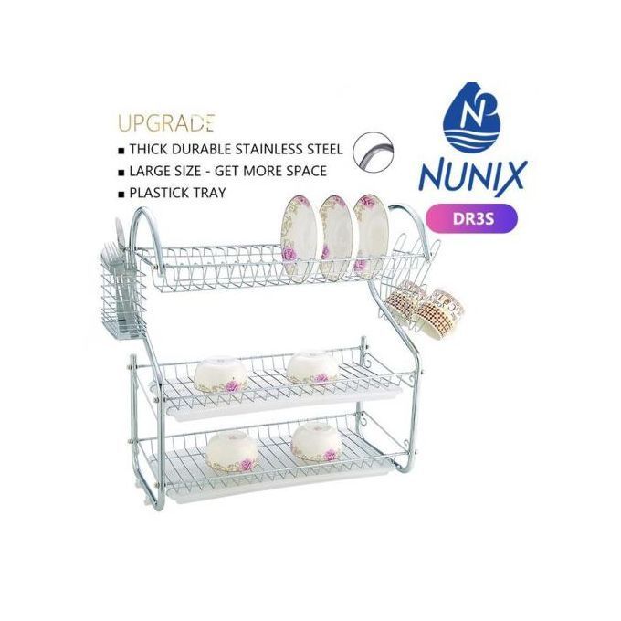 DISH RACK. Nunix 3 Tier Stainless Steel Dishrack.  Saving space,keep all the cooking utensils and cups tidy, dry and clean easily. Easy to assemble, modern and elegant, tray to hold drip easily.