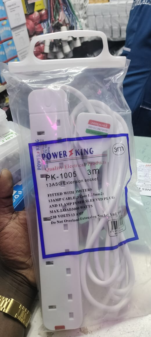 POWER EXTENSION. Power King 5 way 3metres Extension, Power King Extension Socket Full copper wire, Heavy duty PVC cable and fire resistant material,Power indicator neon light,3 Meters Cable Extension