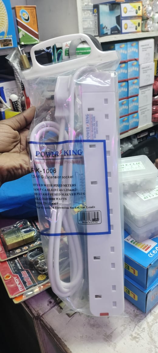 POWER EXTENSION. Power King 6 way 3metres Extension, Power King Extension Socket Full copper wire, Heavy duty PVC cable and fire resistant material,Power indicator neon light,3 Meters Cable Extension