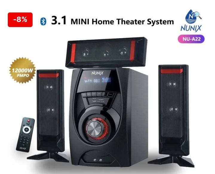 SUBWOOFER. Nunix 3.1 MINI Home Theater System A22, Bluetooth, Speaker Distance(channel delay), Speaker Level Trim, Test Tone, TV Sound (direct key), Dynamic Range Control-On/Off, USB Direct Recording.