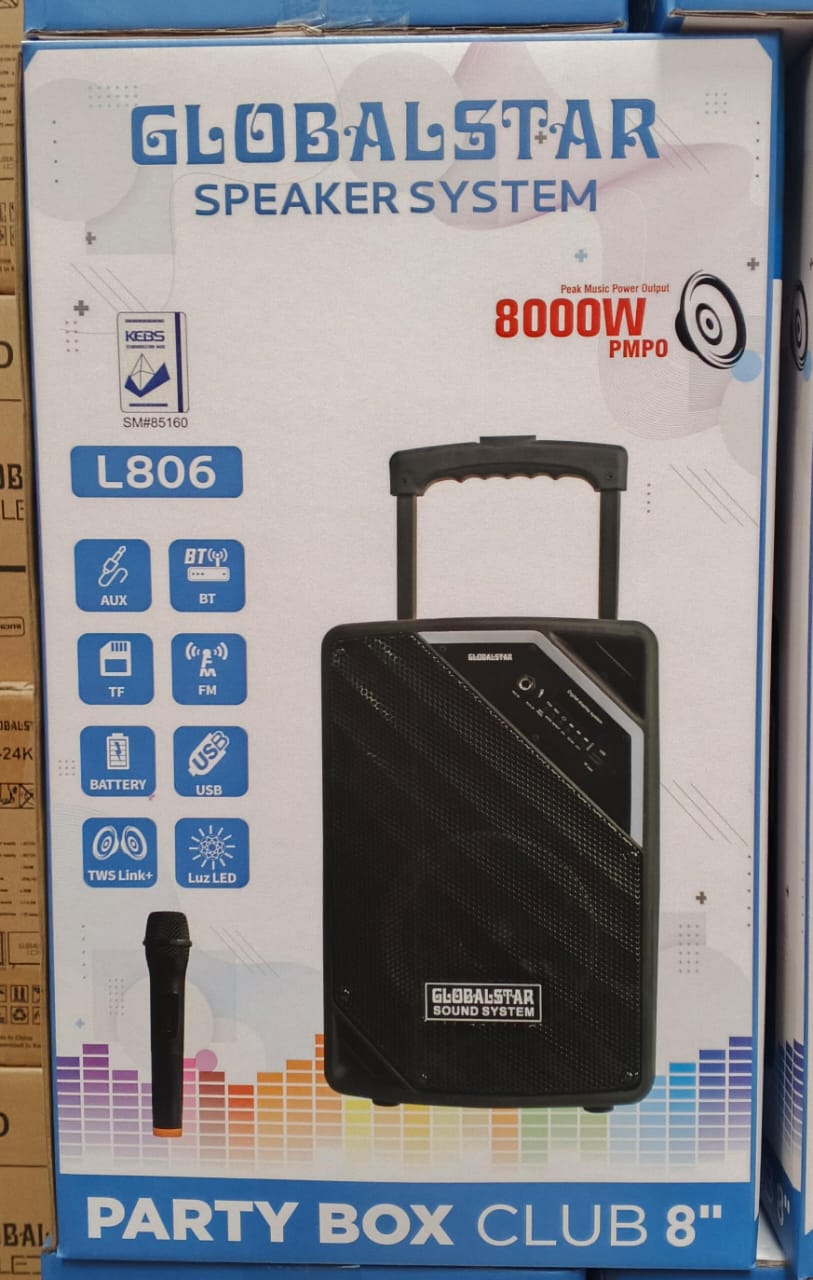 SPEAKER. Globalstar portable club 8 inches  trolley portable speaker,  Dual microphone inputs with one wired microphone include. Features a trolley handle and wheels for easy mobility