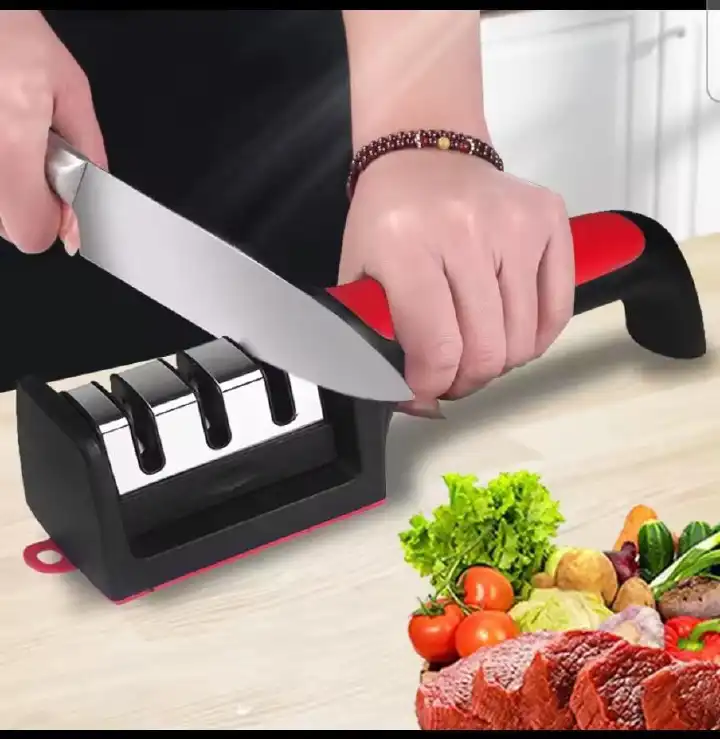 Premium 3-Stage Kitchen Knife Sharpener with Non-Slip Base Durable stainless-steel blades provide precise sharpening and long-lasting performance.