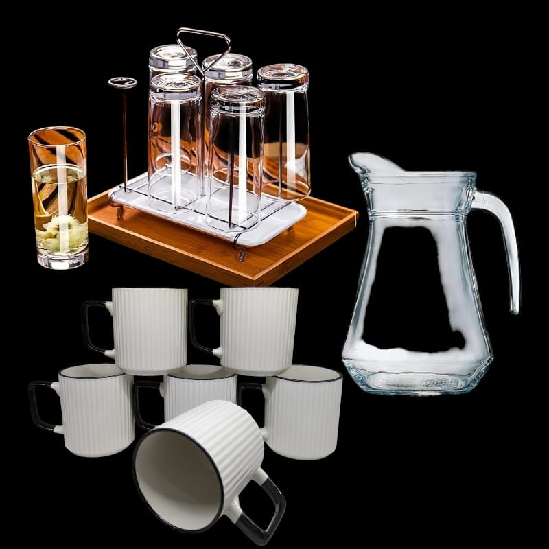 6pc Concise ring mugs and 6pcs tot glasses and 1pc water jug