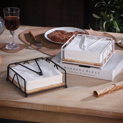 CLEARANCE OFFER Modern Metallic Napkin/ Serviettes Holder, With Flip Close And Bamboo Base For Kitchen Counter Top ,dinning And Countertop Decor