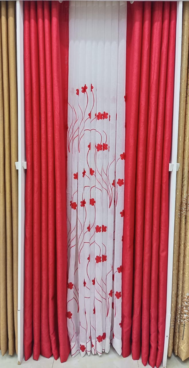 RED CURTAINS WITH SHEERS - 3PCS Set -  Curtains [1.5M +1.5M] + FREE SHEER /NET  Window and Door Curtains - Elegant Living and BedRoom Set – Ready made-to-Hang with Curtain Rods.