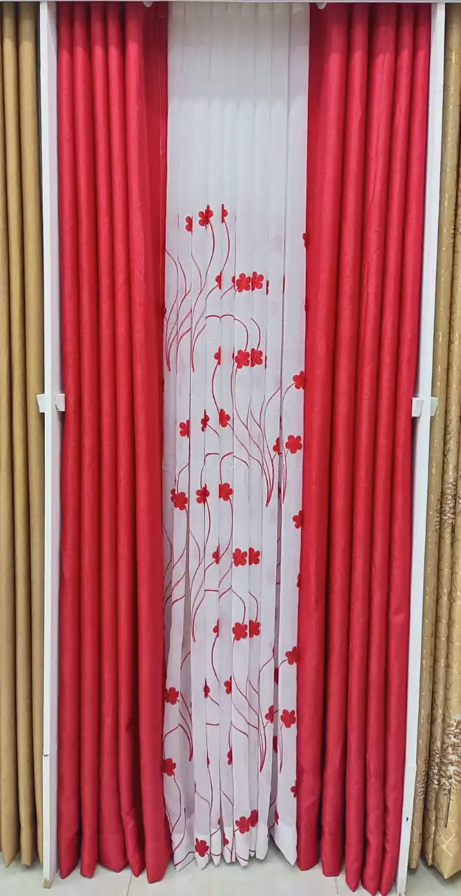 RED CURTAINS WITH SHEERS - 3PCS Set -  Curtains [1.5M +1.5M] + FREE SHEER /NET  Window and Door Curtains - Elegant Living and BedRoom Set – Ready made-to-Hang with Curtain Rods.