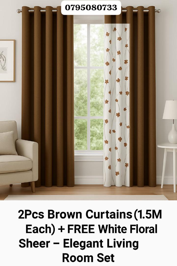 Brown Curtains 2Pcs + FREE White Floral Sheer - Elegant Living and Bed Room Set – Elevate Your Space with Sophistication