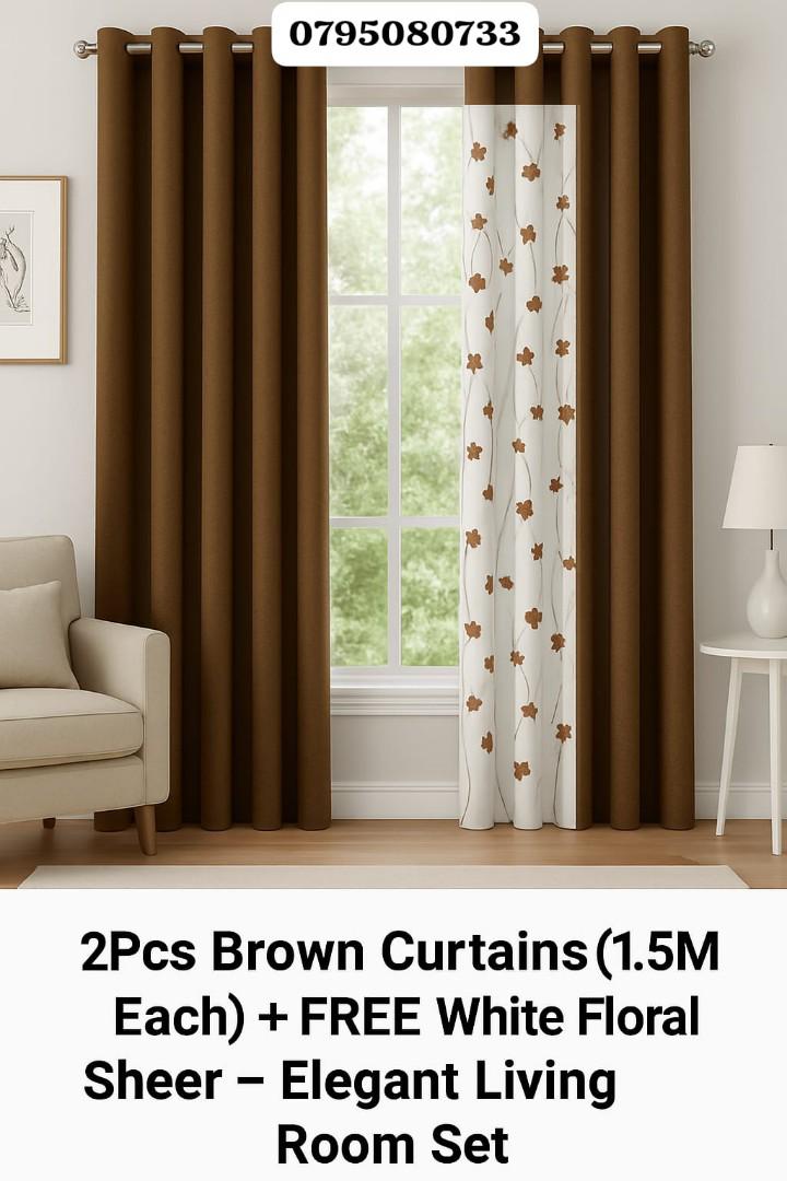Brown Curtains 2Pcs [1.5M Each] + FREE White Floral Sheer - Elegant Living and Bed Room Set – Elevate Your Space with Sophistication