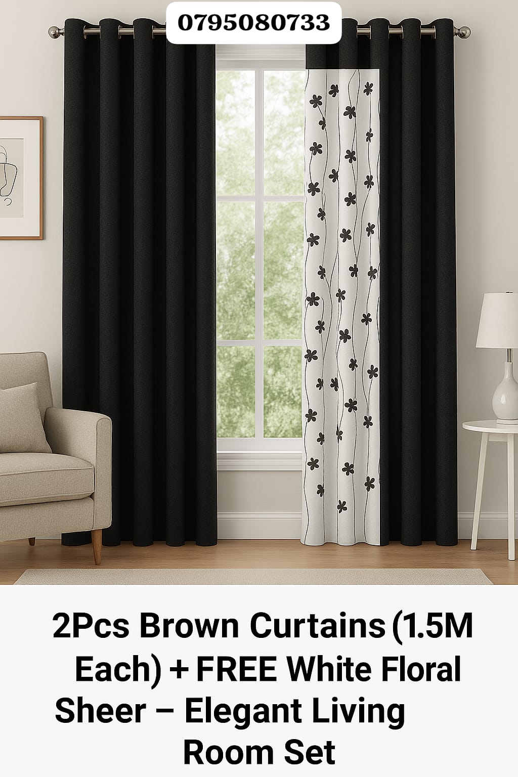 BLACK CURTAINS WITH SHEERS - 3PCS Set - 2 Meters Long Window and Door Curtains - Elegant Living and BedRoom Set – Ready made-to-Hang with Curtain Rods.