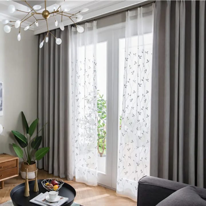 3Pcs Blackout Grey Curtains Set with Premium Floral Sheers – Heavy Fabric for Windows & Doors – 1.5m x2 Panels + 1 Sheer gray curtains