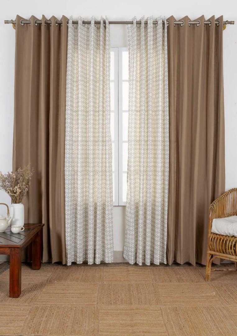 BROWN BLACKOUT CURTAINS WITH SHEERS – 3PCS Set  Curtains [1.5M +1.5M] + SHEER for Living Room & Bedroom – Ready-Made Window & Door Drapes. PLEASE select your preferred size from the options provided