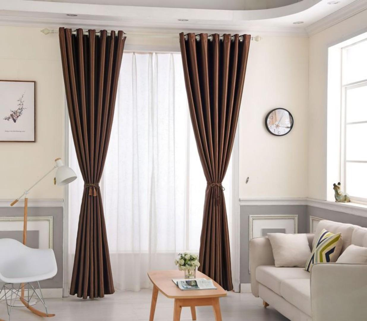 BROWN BLACKOUT CURTAINS WITH SHEERS – 3PCS Set   Curtains [1.5M +1.5M] + FREE SHEER /NET. for Living Room & Bedroom – Ready-Made Window & Door Drapes
