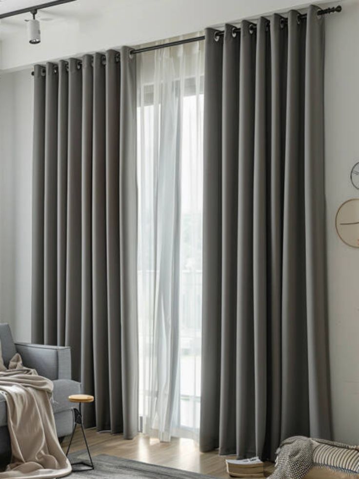 3PCS FULL SET Gray  Curtains Set | Heavy Fabric + Free Sheer | Living Room & Bedroom | Ready Made. Grey Blackout Curtains Set