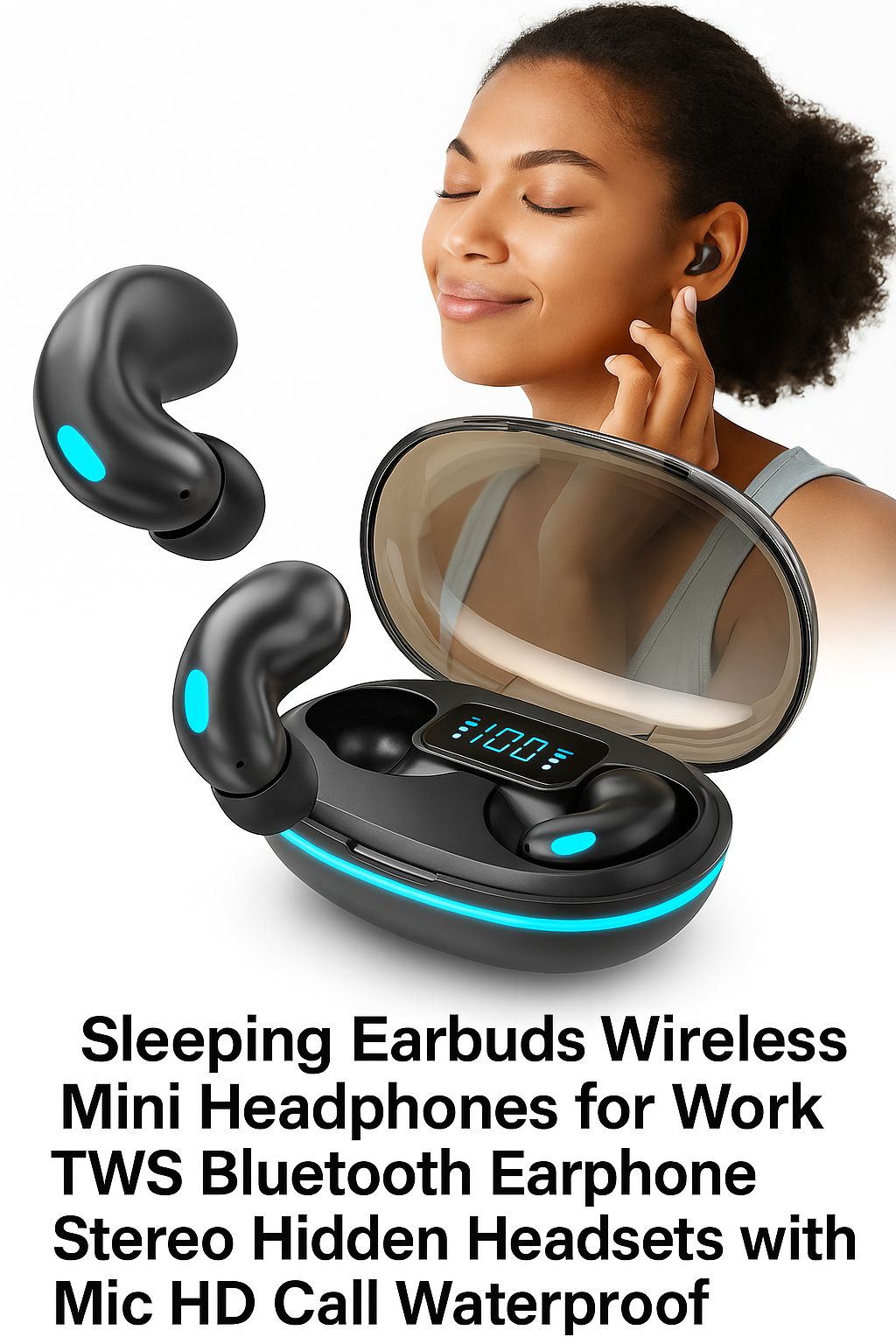 X55 TWS Bluetooth Sleeping Earbuds Wireless Mini Headphones with Mic HD Stereo Sound Waterproof Hidden In-Ear Headsets for Work & Sleep