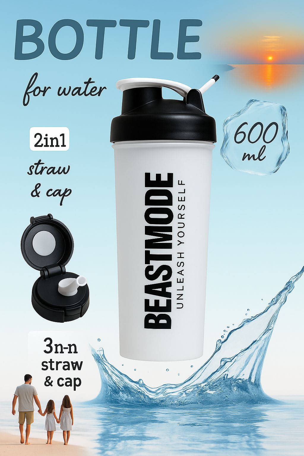 600ml Sports Shaker Bottle for GYM with Straw Protein Shake & Water Cup Portable Fitness Bottle Leakproof Plastic Cup