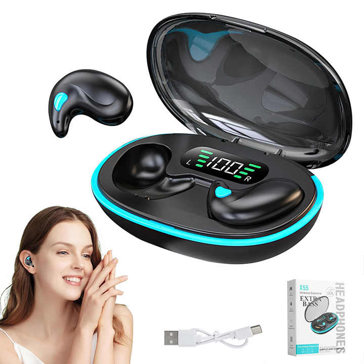 X55 TWS Bluetooth Sleeping Earbuds Wireless Mini Headphones with Mic HD Stereo Sound Waterproof Hidden In-Ear Headsets for Work & Sleep