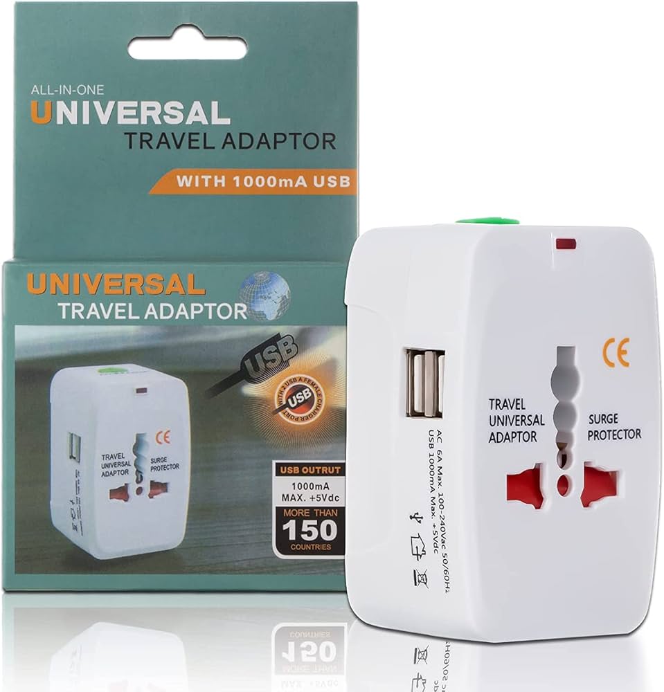 All in one Universal Worldwide Travel Adapter with 1000 mA Built in Dual USB Charger Ports (White)