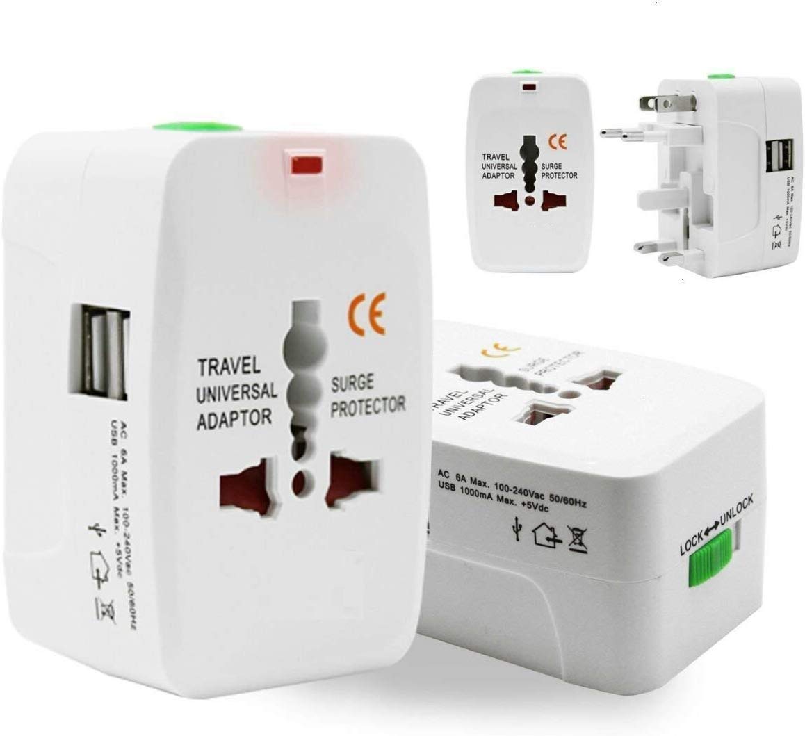 All in one Universal Worldwide Travel Adapter with 1000 mA Built in Dual USB Charger Ports (White)