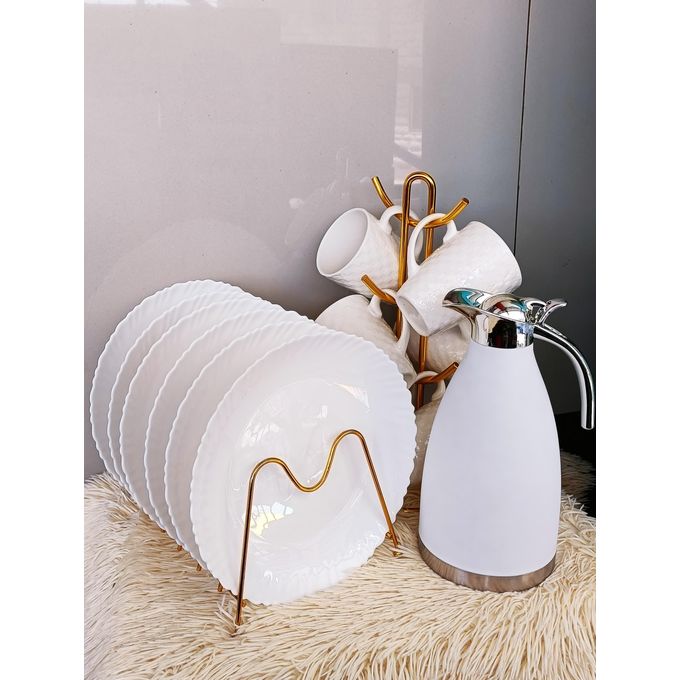 7 PCS Elegant Ceramic Dinner Plates Set with thermo flask – Classic Design, Durable Quality, and Perfect for Every Meal & Table Setting,WITHOUT CUPS