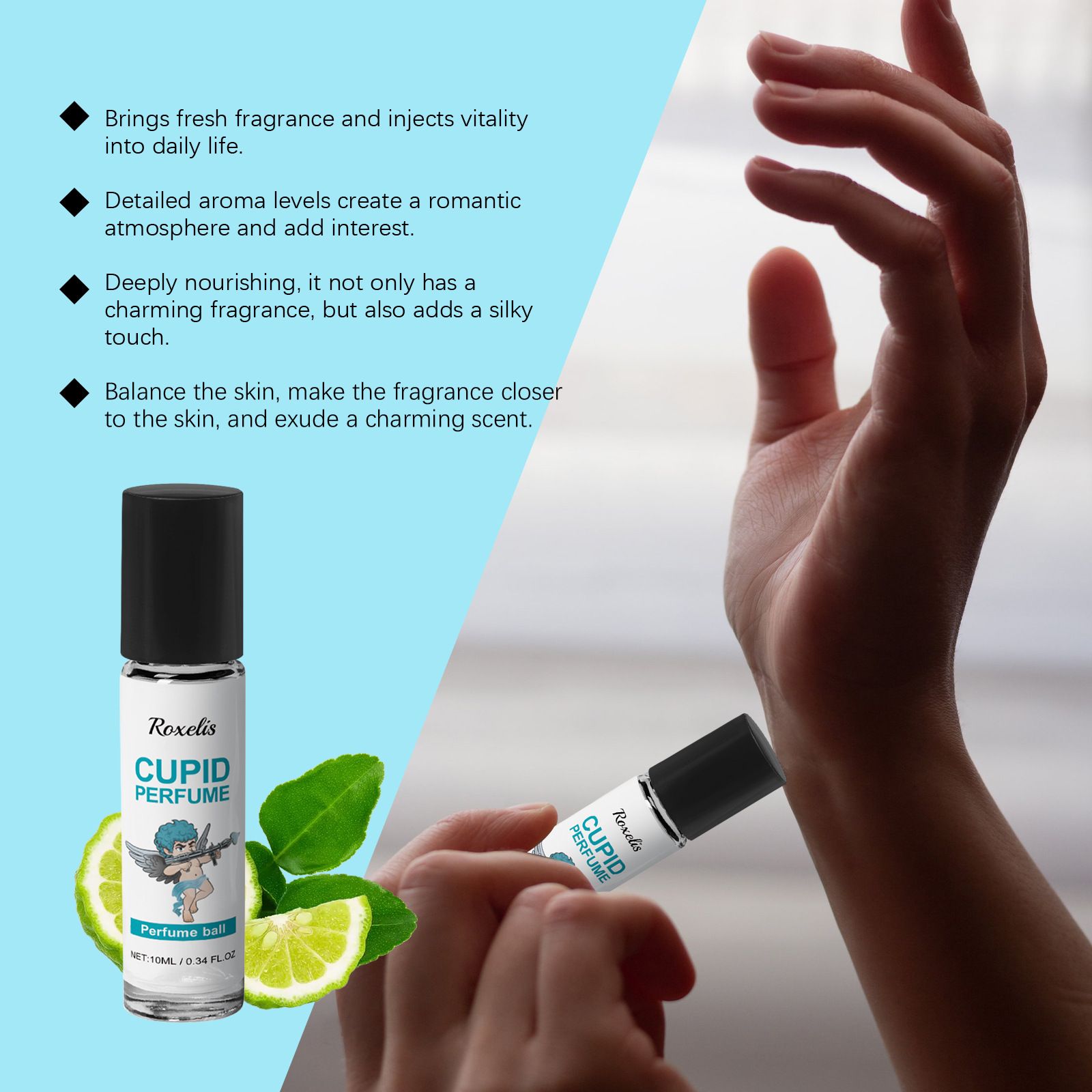 The Cupid series roll-on perfume has a fresh and elegant cologne scent with a long-lasting charm. It is a charming perfume for dates