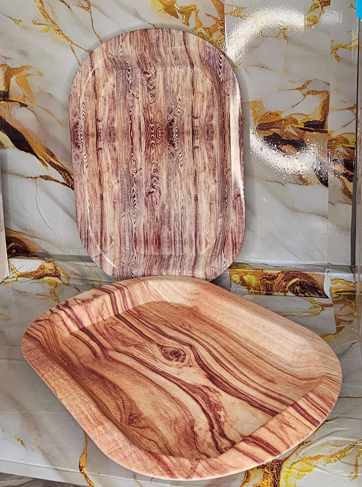 2pcs classy heavy plastic kitchen wooden texture serving tray