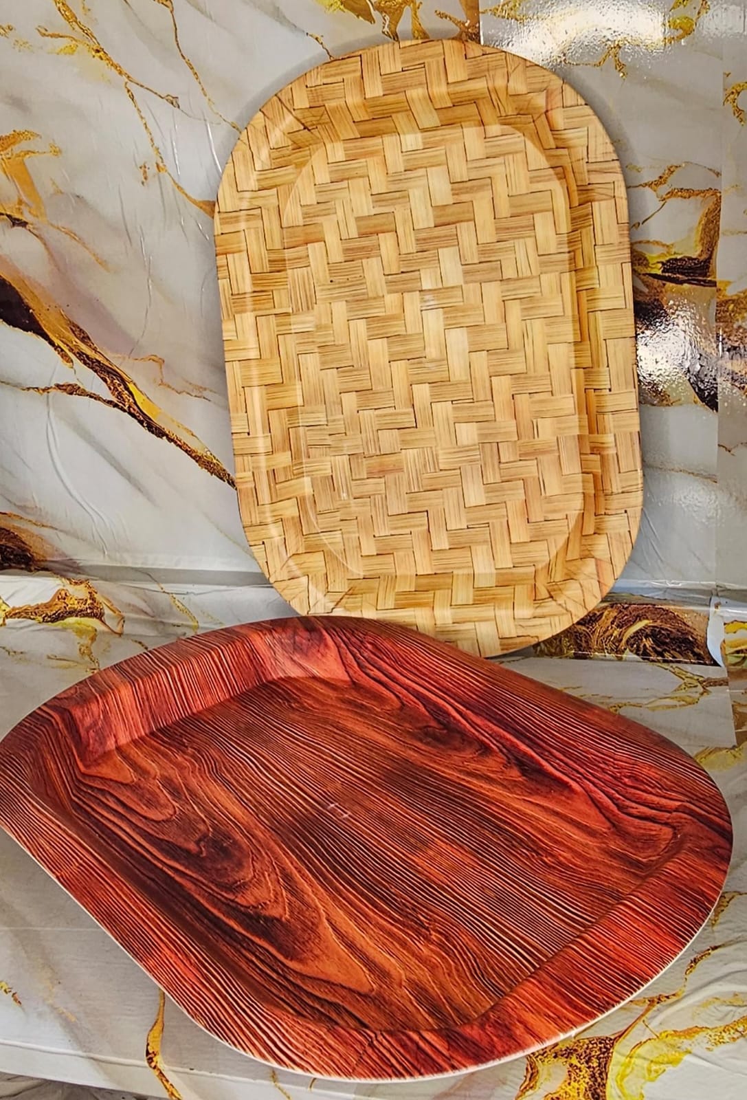 2pcs classy heavy plastic kitchen wooden texture serving tray