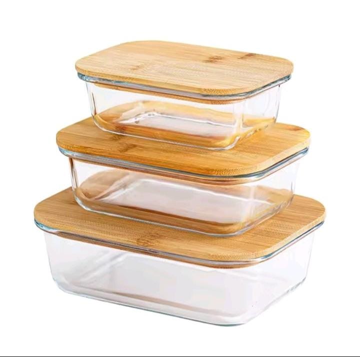 3-1 kitchen heat resistant glass snack storage box/container with wood top lid and capacity of 1040mls/680mls/410mls