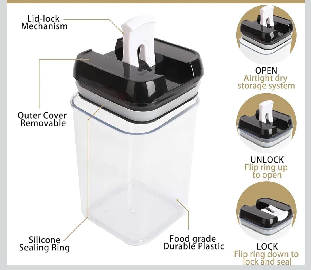 Set of 7Pcs Air tight Acrylic kitchen food/cereals storage containers with the capacity of 1pc 1.9 litre/2pcs 1.2 litres/2pcs 0.8 litres/2pcs 0.5 litres