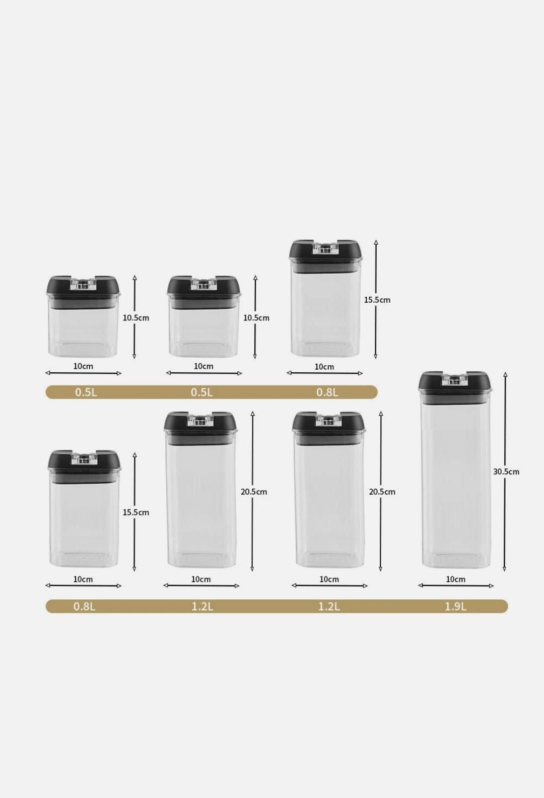 Set of 7Pcs Air tight Acrylic kitchen food/cereals storage containers with the capacity of 1pc 1.9 litre/2pcs 1.2 litres/2pcs 0.8 litres/2pcs 0.5 litres
