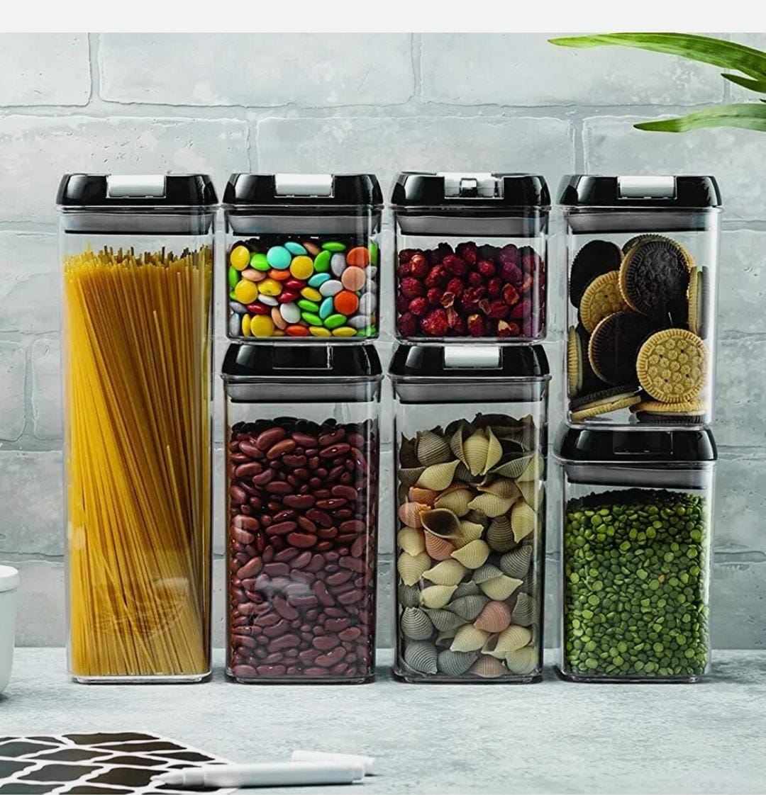 Set of 7Pcs Air tight Acrylic kitchen food/cereals storage containers with the capacity of 1pc 1.9 litre/2pcs 1.2 litres/2pcs 0.8 litres/2pcs 0.5 litres