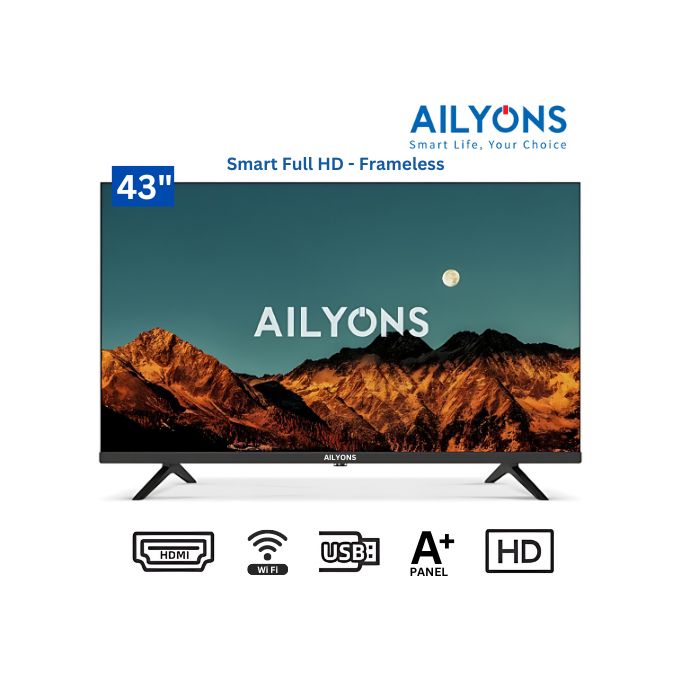 AILYONS 43" INCHES SMART ANDROID  FRAMELESS TV-FREE TO AIR CHANNELS-USB/HDMI-INBUILD WIFI, NETFLIX, YOUTUBE