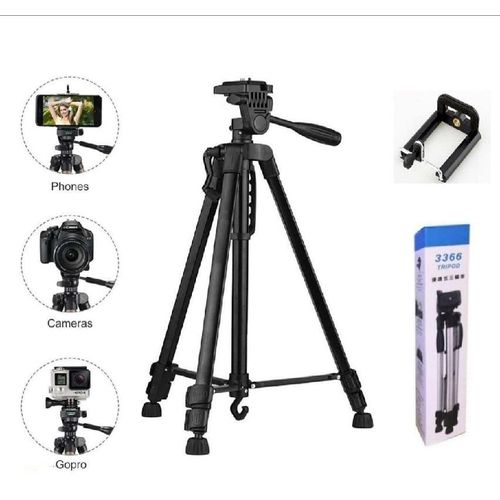 3366 Height Adjustable Aluminum Alloy Tripod stand Compatible with All Smart Phones, Camera, Go Pro Maximum Operating Height 4.5 ft Maximum Load Capacity up to 5kg - Black