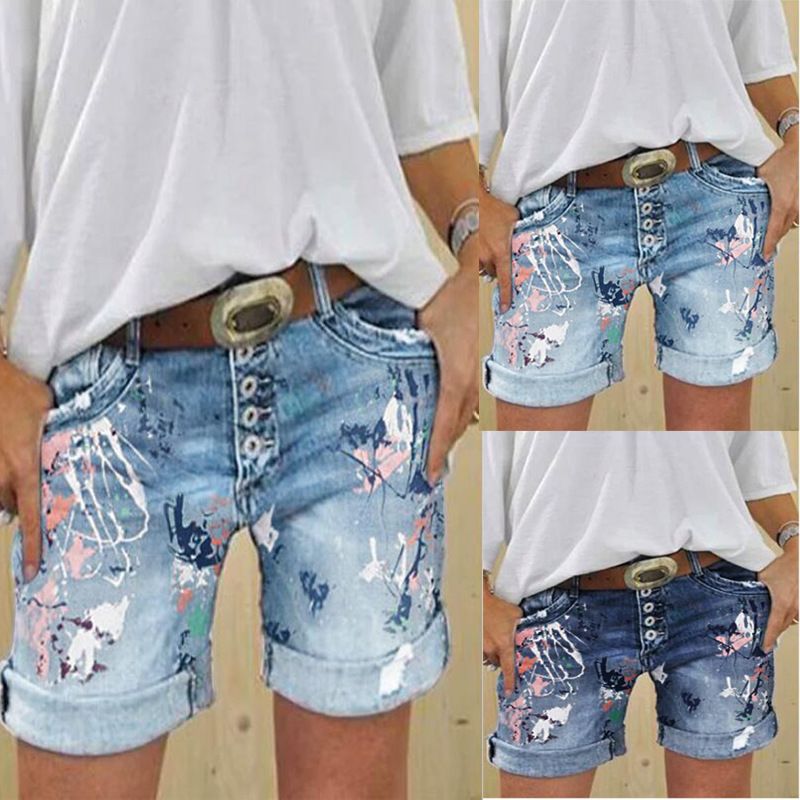 High waisted elastic exquisite large print hot selling plus size women's denim shorts button print five shorts