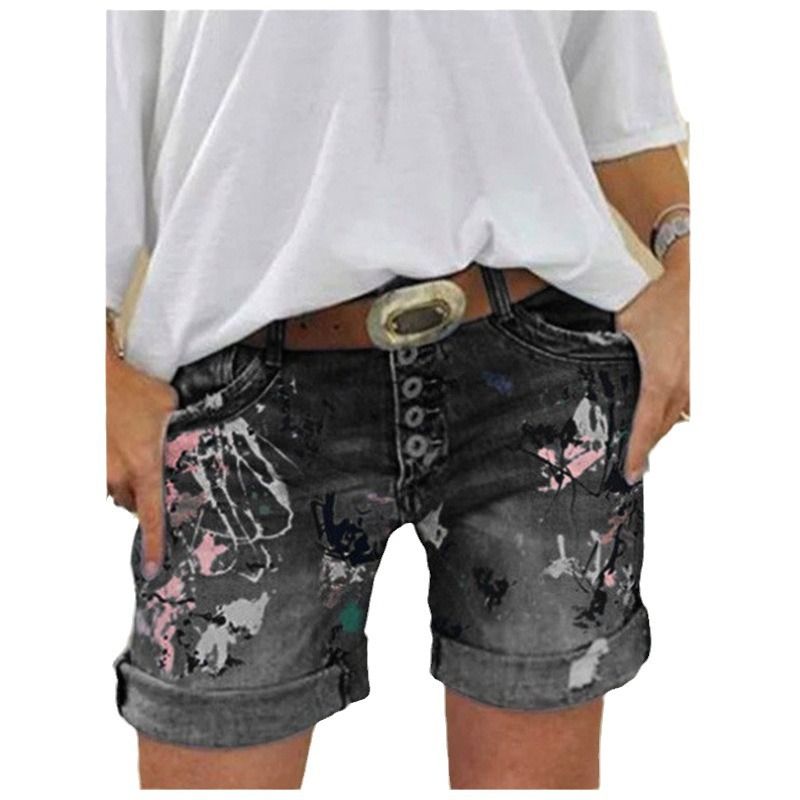 High waisted elastic exquisite large print hot selling plus size women's denim shorts button print five shorts