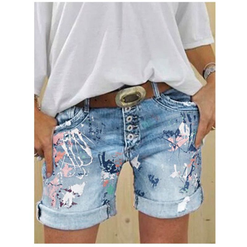High waisted elastic exquisite large print hot selling plus size women's denim shorts button print five shorts