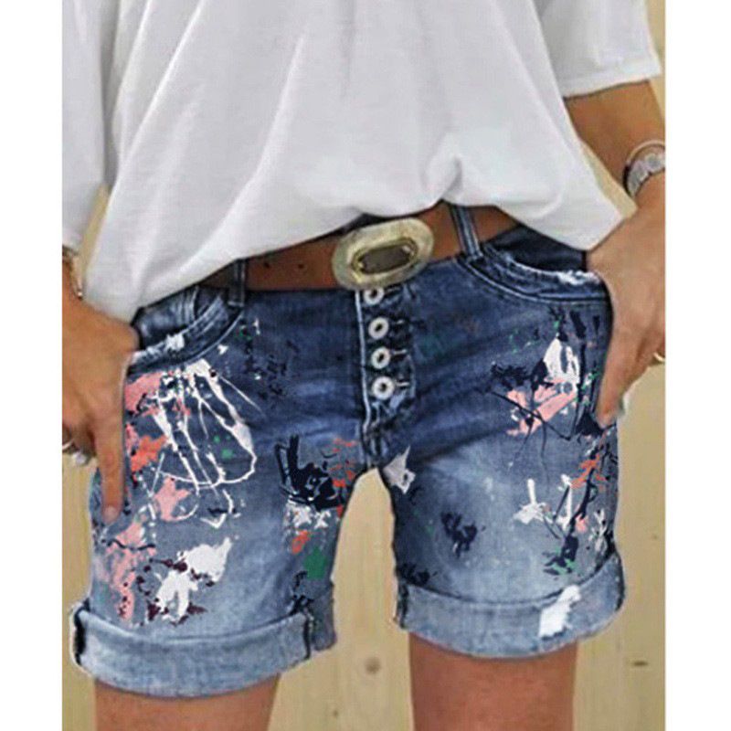 High waisted elastic exquisite large print hot selling plus size women's denim shorts button print five shorts