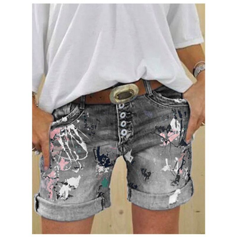 High waisted elastic exquisite large print hot selling plus size women's denim shorts button print five shorts