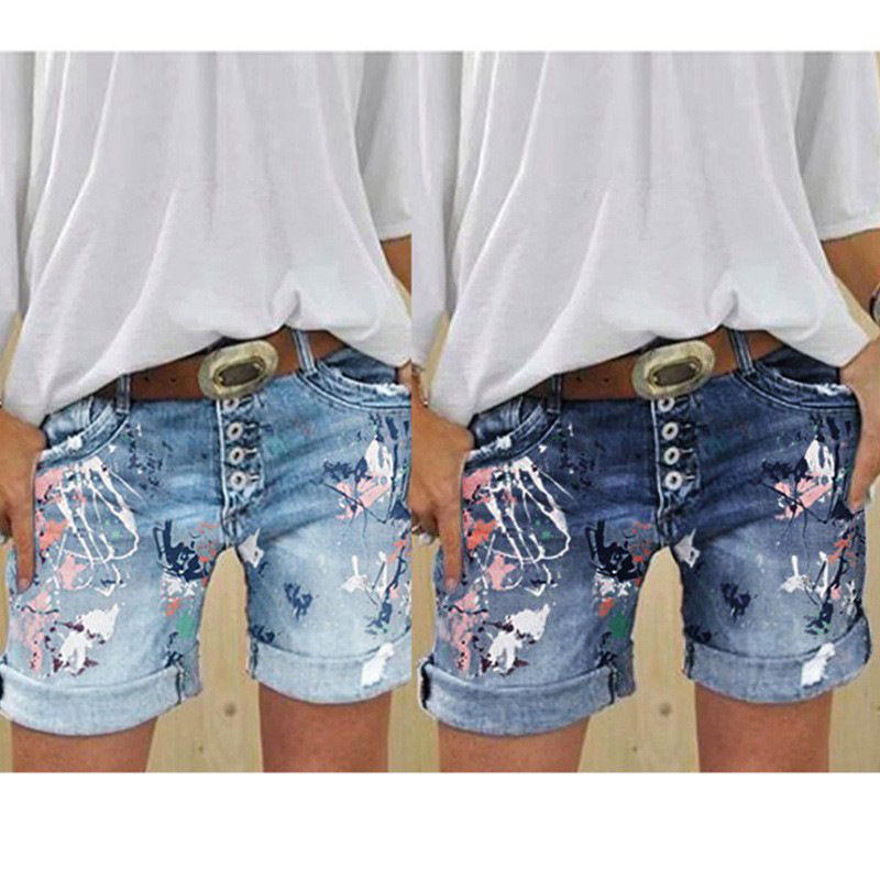 High waisted elastic exquisite large print hot selling plus size women's denim shorts button print five shorts
