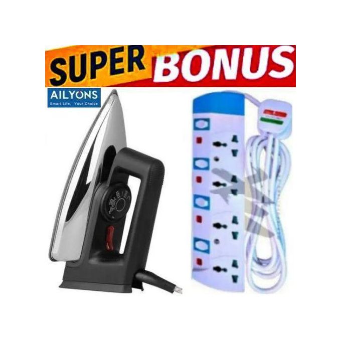 AILYON  Best Quality HD-199A Electric Dry Iron Box // Ironbox + 4 WAY POWER EXTENSION CABLE SOCKET WITH SAFETY SWITCHES