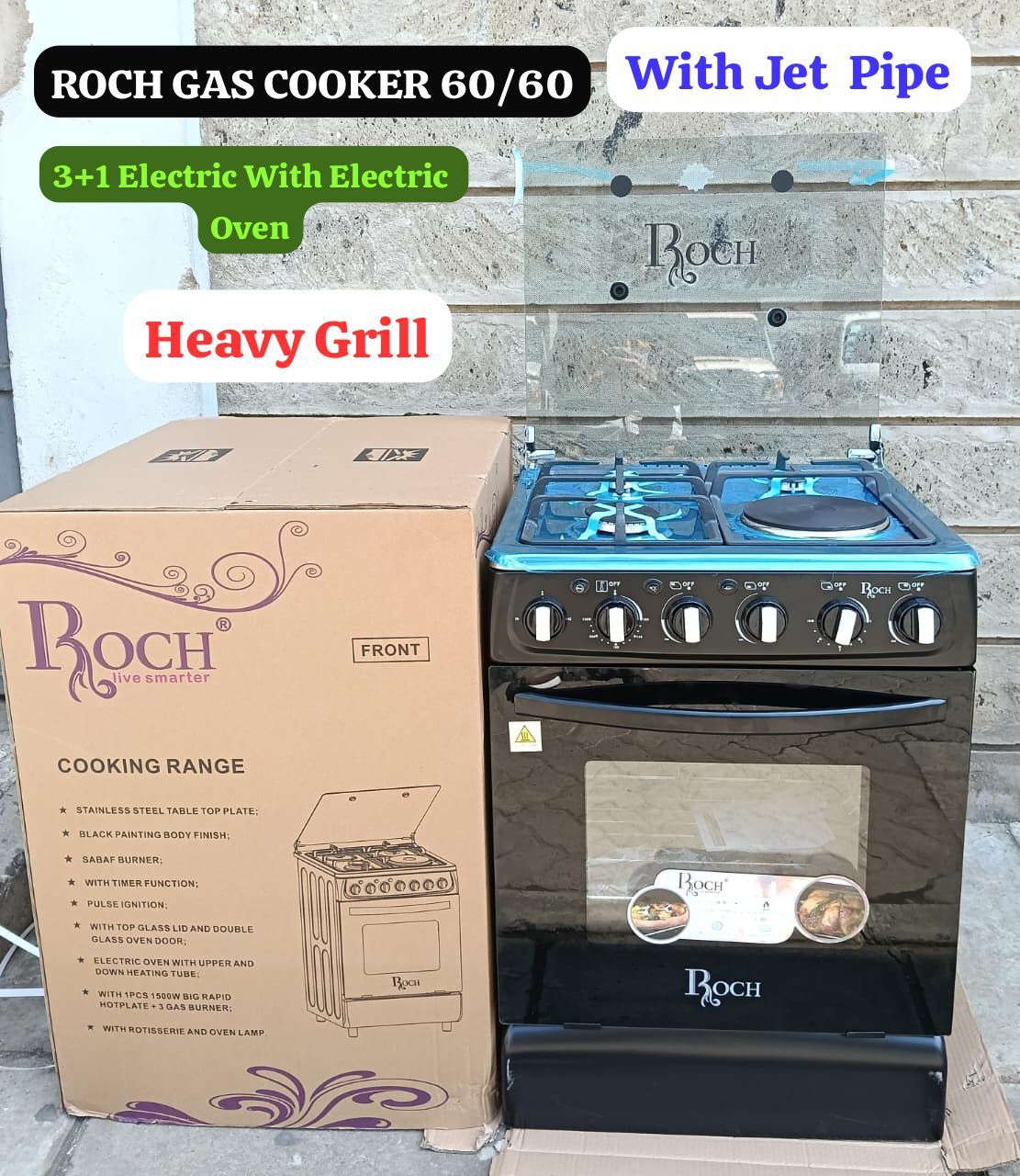 ROCH GAS COOKER 60/60 CM - 3 Gas + 1 Electric, With Electric Oven, Heavy Grill