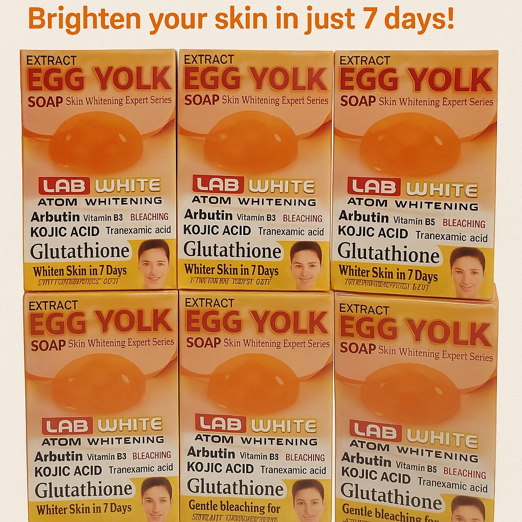 🥚✨ Egg Yolk Whitening Soap ✨🥚  
Brighten your skin in just 7 days!  
Infused with Kojic Acid, Glutathione & Arbutin 💧🌿  
Gentle bleaching for smooth, glowing skin 💛