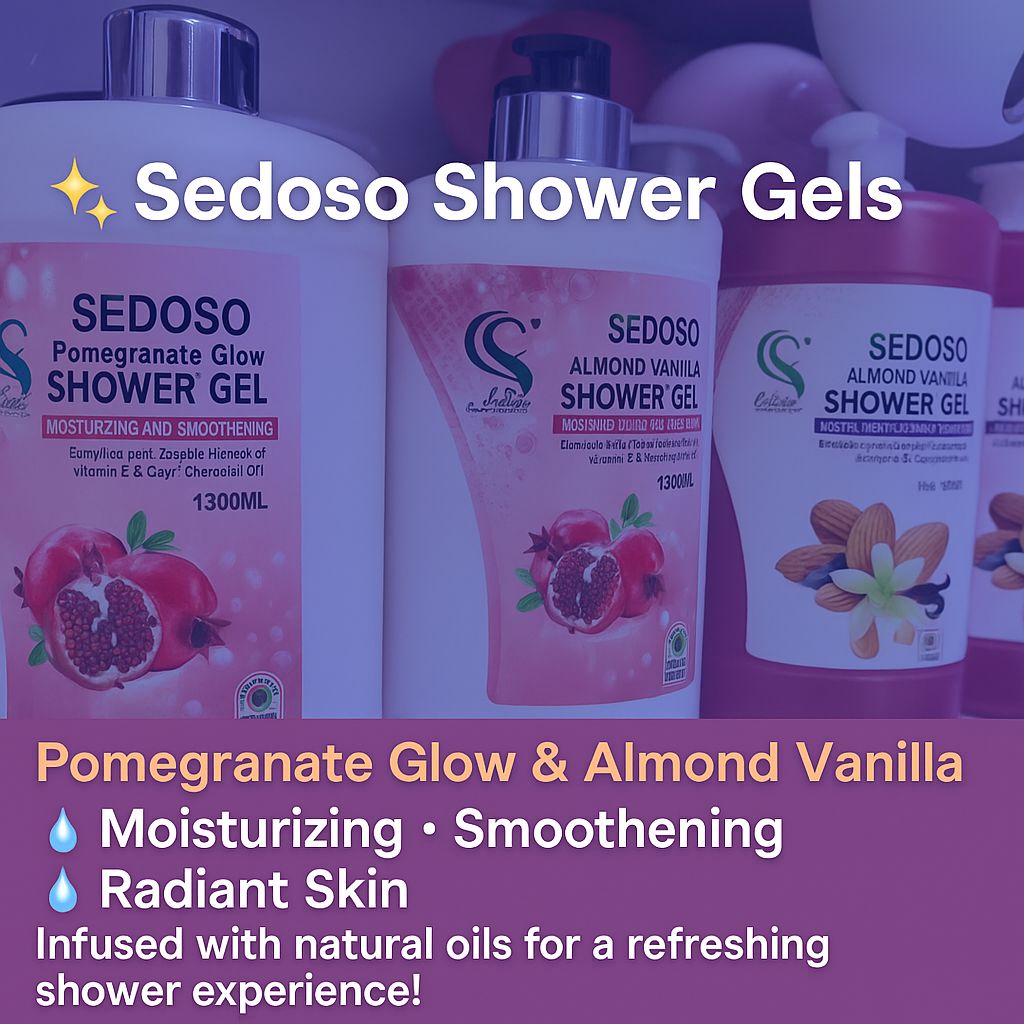 ✨ Sedoso Shower Gels ✨  
Pomegranate Glow & Almond Vanilla  
💧 Moisturizing • Smoothening • Radiant Skin 💧  
Infused with natural oils for a refreshing shower experience!
