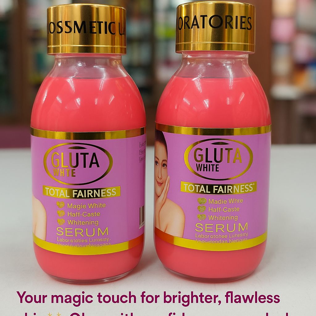 Gluta White Total Fairness Serum 💖✨  
Your magic touch for brighter, flawless skin! 🌸💫 Glow with confidence every day!