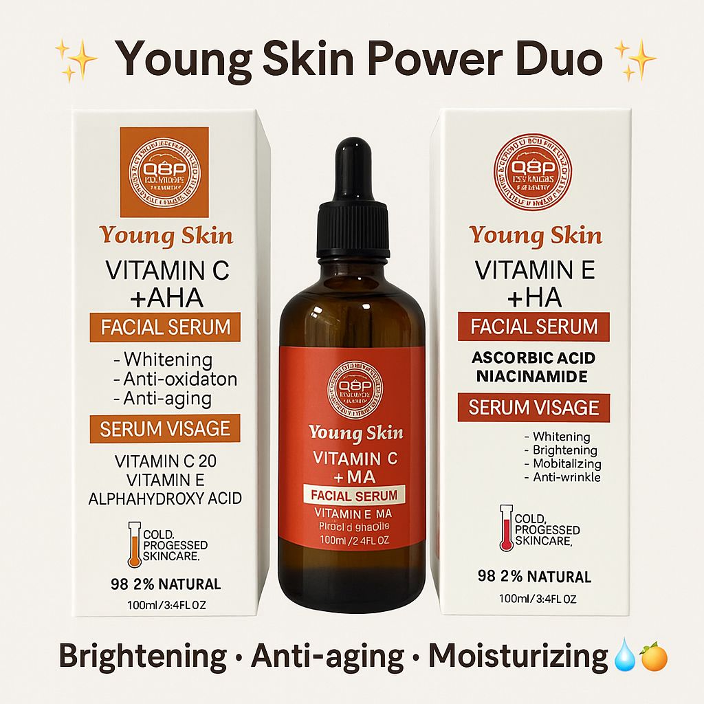 ✨ Young Skin Power Duo ✨
Glow up with Vitamin C + AHA & Vitamin E + HA Serums!  
Brightening • Anti-aging • Moisturizing 💧🍊🌿