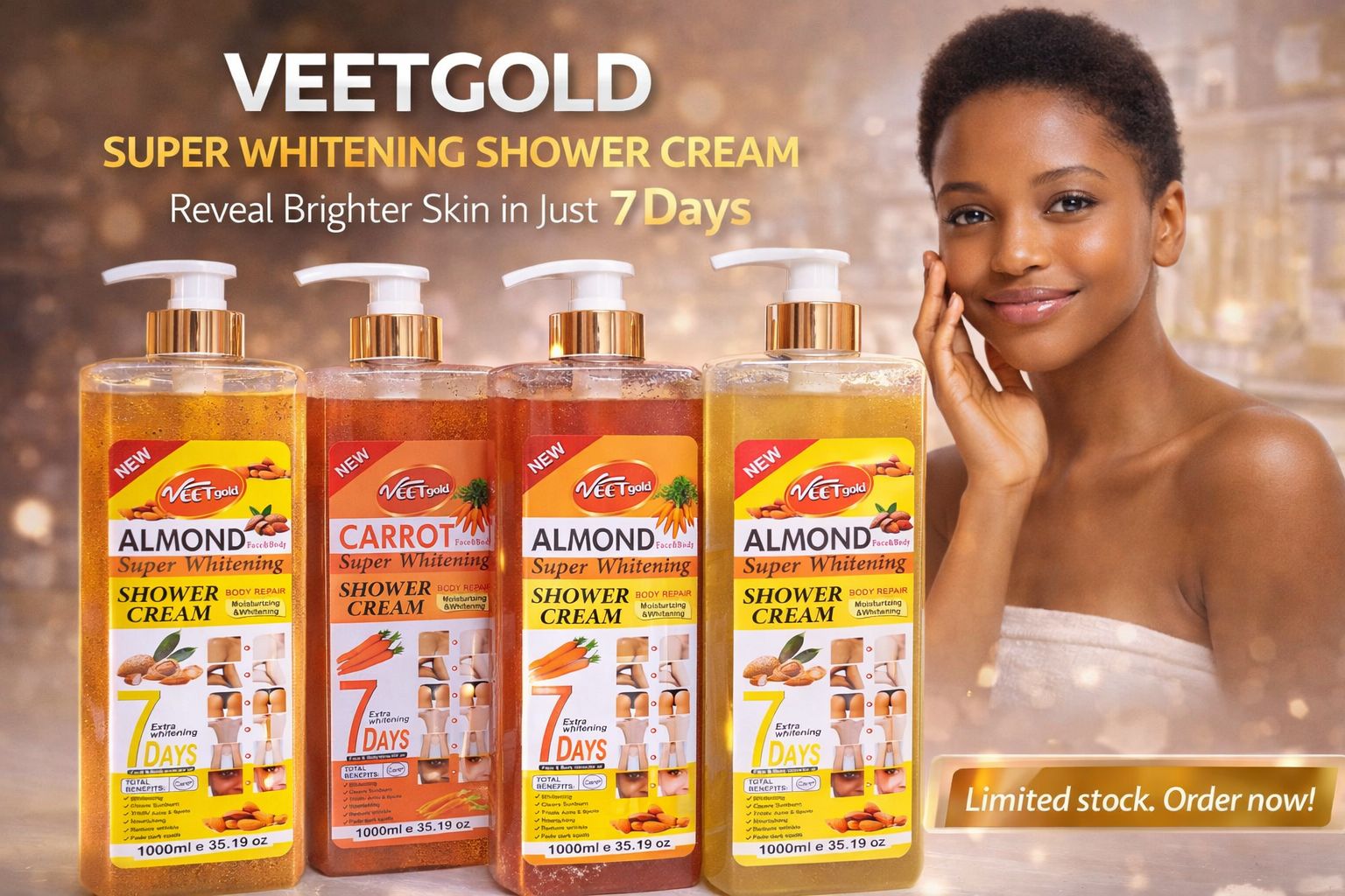 💎 VeetGold Face & Body Whitening Shower Cream – Deep Cleansing & Skin Brightening (1000ml)