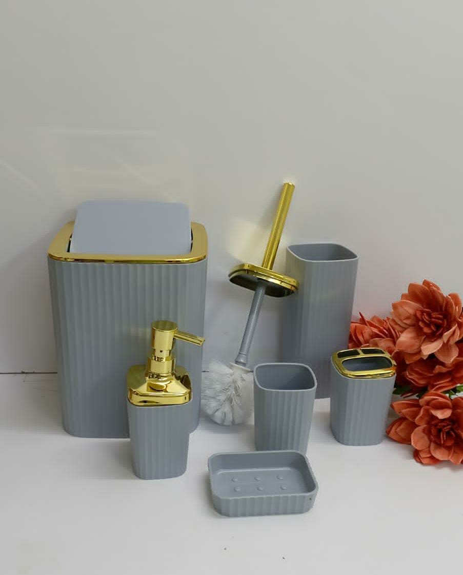 [ GRAB IT AT LOW PRICE+ ADDED OFFERS 🤩🤩✨ !!! ]  ⏯️6 in 1 Brand New High Quality Durable Bamboo set includes {Toothbrush holder, Soap dispenser, Toilet brush, Trash can....} at Best Price